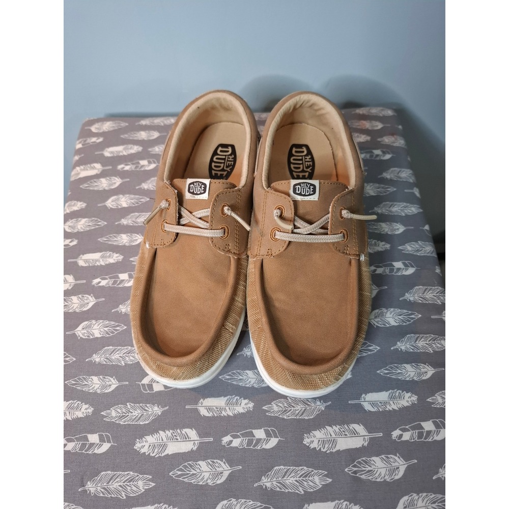 Hey Dude Wells Y Classic Cognac Brown Canvas Boat Shoes Kids J5